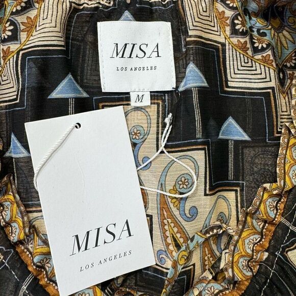 NWT Misa Los Angeles Geometric Print Sheer Peasant Siena Blouse Blue Tan Medium - Picture 6 of 8